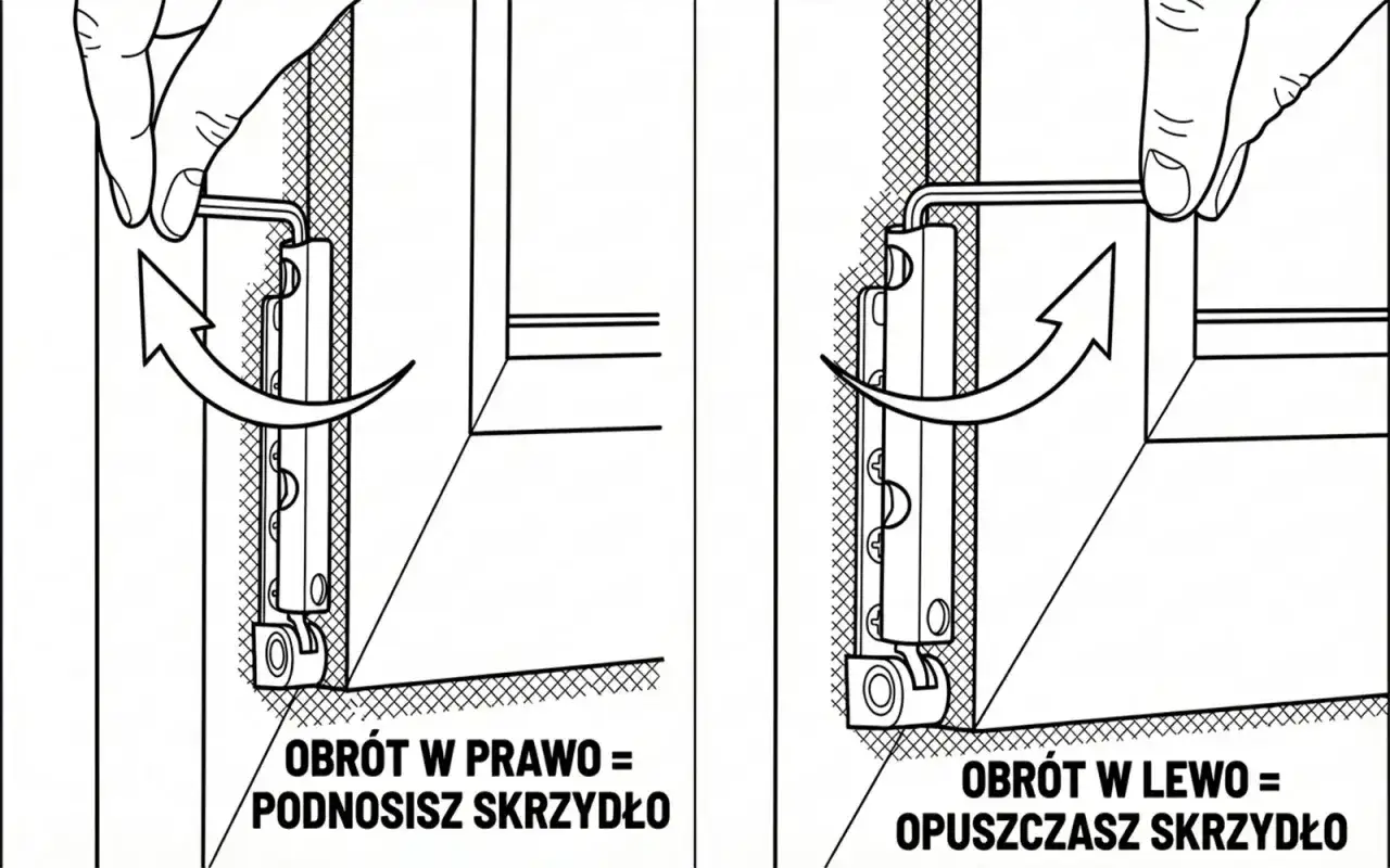 Instrukcja regulacji okna: obrót w prawo podnosi skrzydło, obrót w lewo opuszcza.