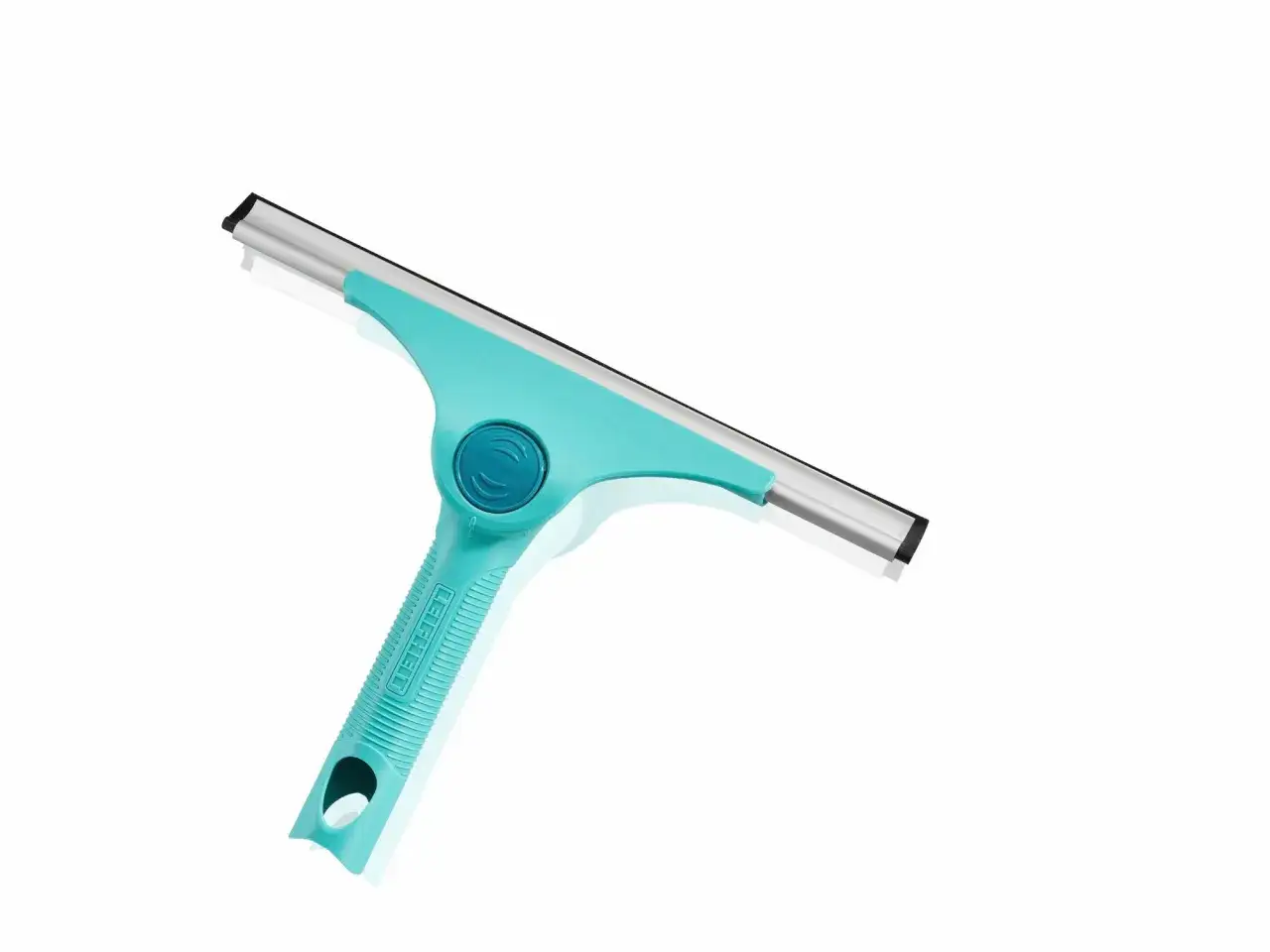 Turkusowa wycieraczka do mycia okien z ergonomiczną rączką.