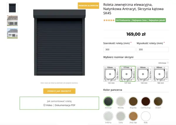Montaż rolet antywłamaniowych: antracytowa roleta elewacyjna, wymiary 300x300 mm, skrzynia 137 mm.