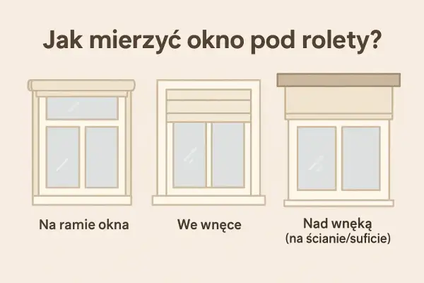 Ilustracja pokazuje, jak zmierzyć okno pod rolety: na ramie, we wnęce lub nad wnęką.